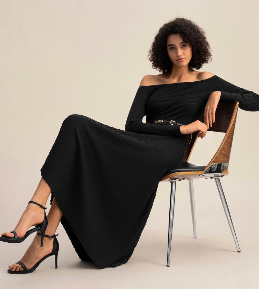 LilySilk black pleated silk knit Vivi midi dress